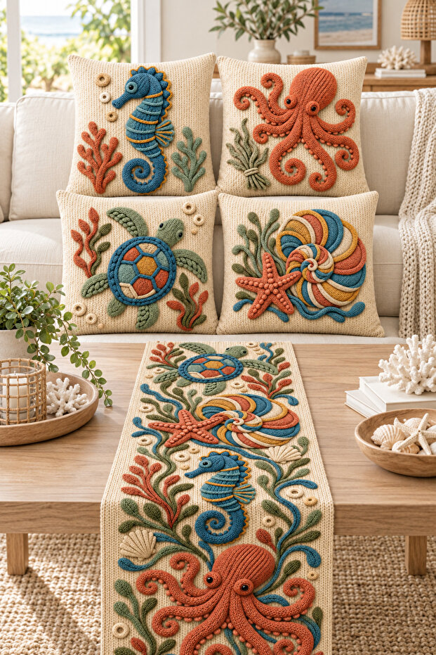 Sea-Themed Embroidery-Looking 4-Piece Throw Pillow Cover and 40X140 cm Runner 5-Piece Decoration Set