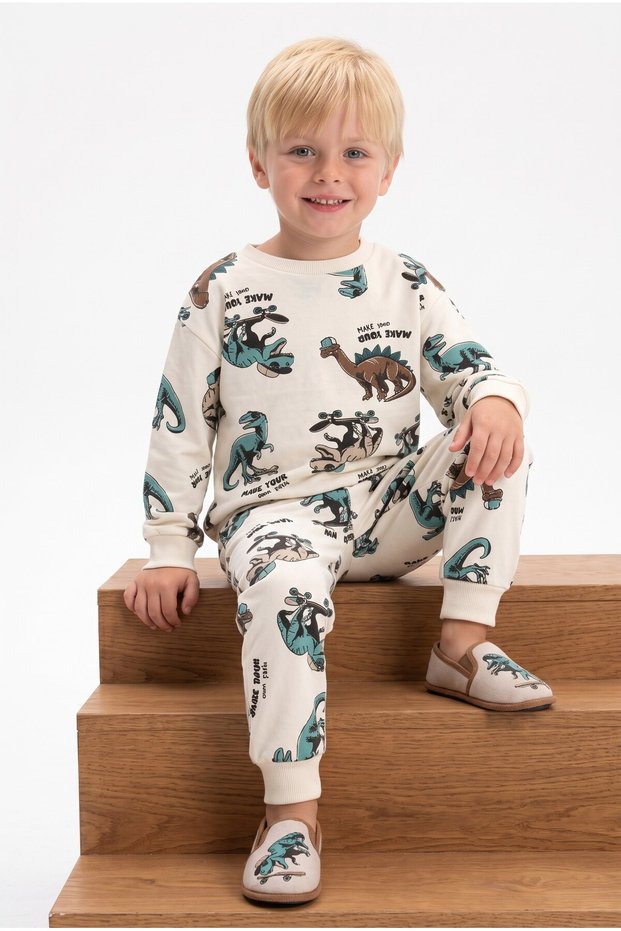 Skate Dino Boys' Cotton Pajama Set Beige