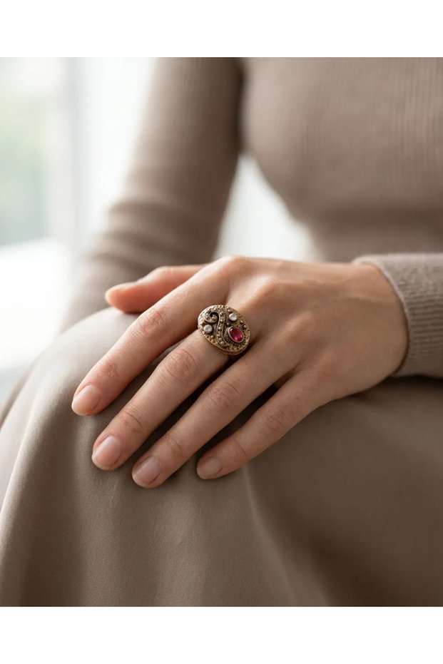 Bronze Women's Ring Authentic Copper Jewelry Pink Zircon Stone Hürrem Seal Model Adjustable Vintage