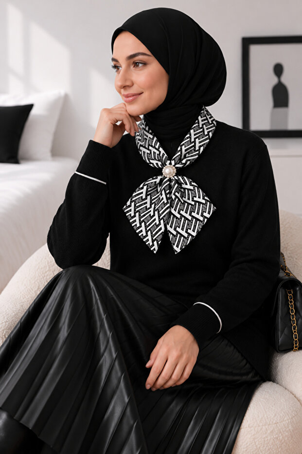 Knitwear Hijab Sweater with Scarf Brooch Accessory