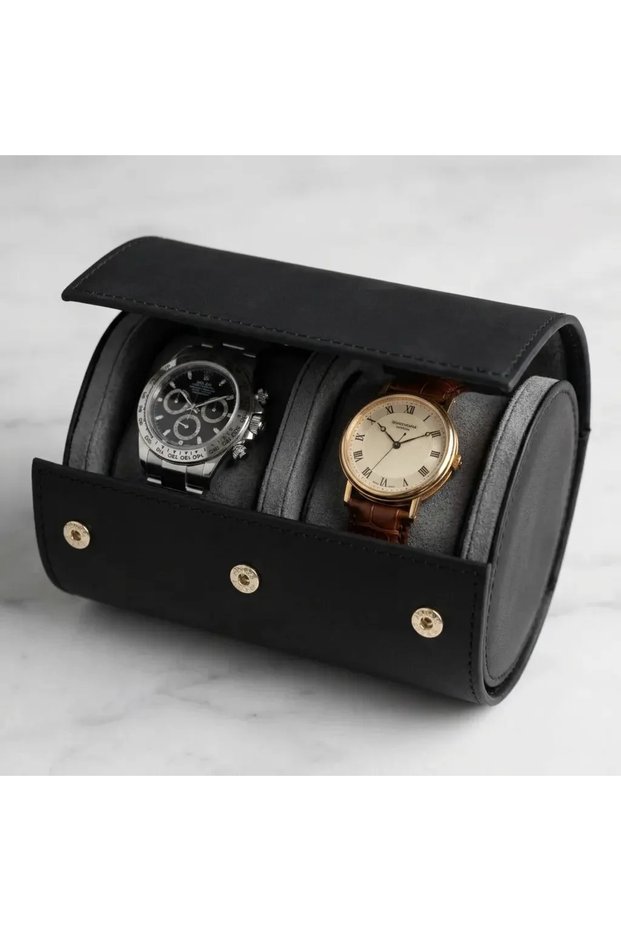 Genuine Leather Black Double Luxury Watch Roll and Travel Watch and Accessory Organizer Box