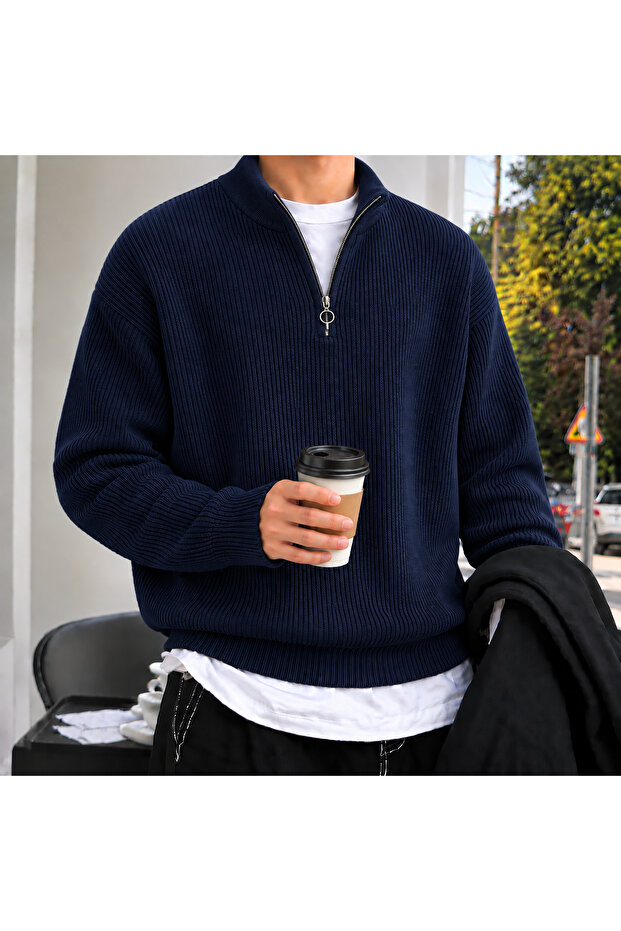 Men's Half Zippered Thessaloniki Knitwear Sweater High Collar Oversize Long Sleeve Basic Winter Sweater