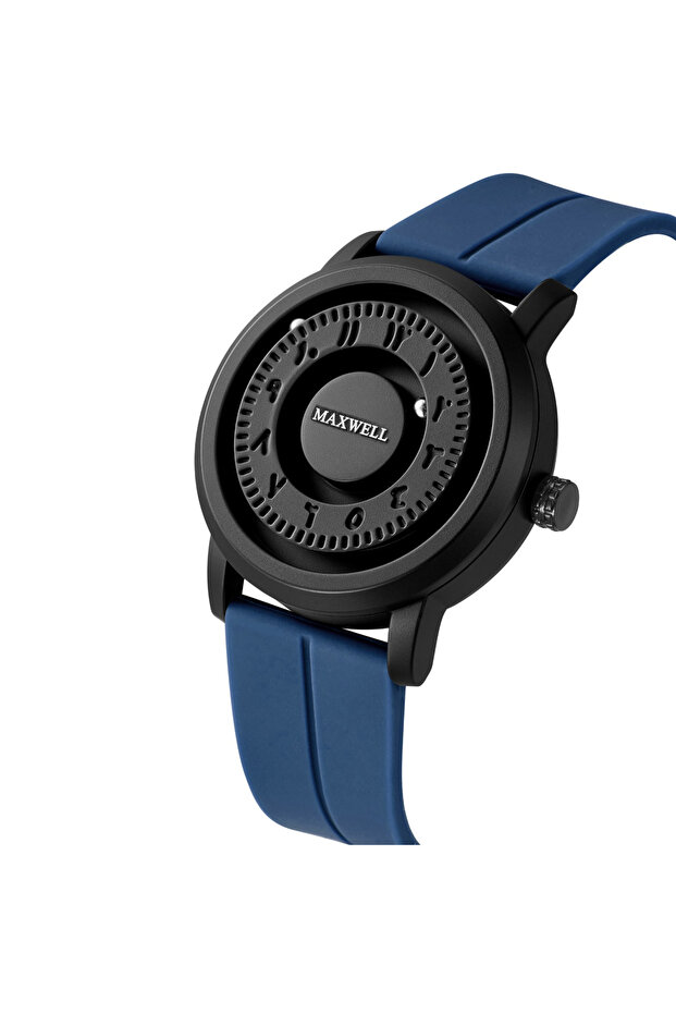 ساعة يد سوداء بتصميم دائري وسوار أزرق Black Wristwatch with Unique Circular Dial and Blue Strap