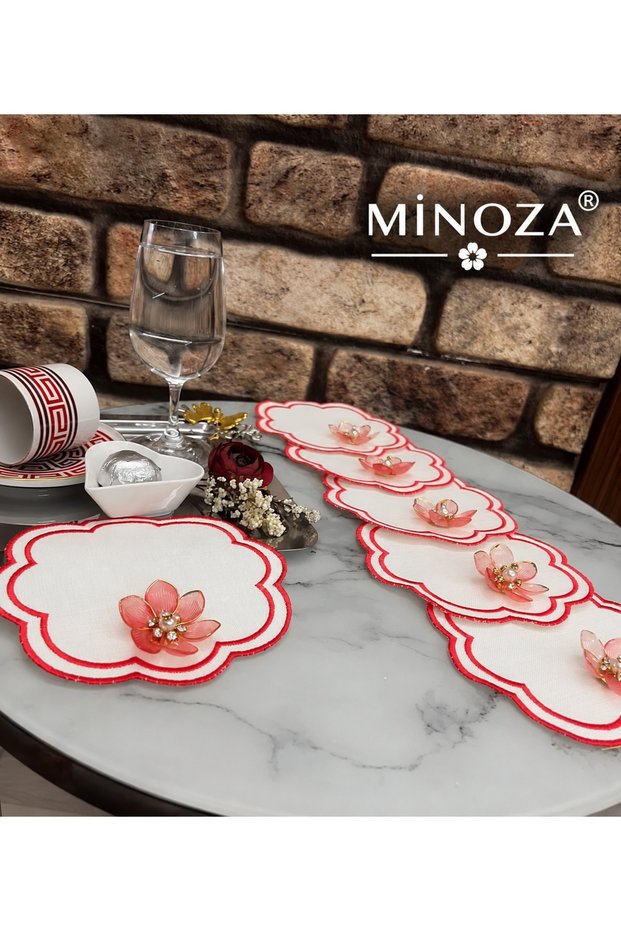Double Row Embroidered Stain-Resistant Fabric Presentation Napkin with Lotus Flower Brooch, Cocktail Napkin, Coffee Napkin, Coaster 6 Pieces