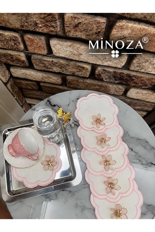 Double Row Embroidered Stain-Resistant Fabric Presentation Napkin with Lotus Flower Brooch, Cocktail Napkin, Coffee Napkin, Coaster 6 Pieces