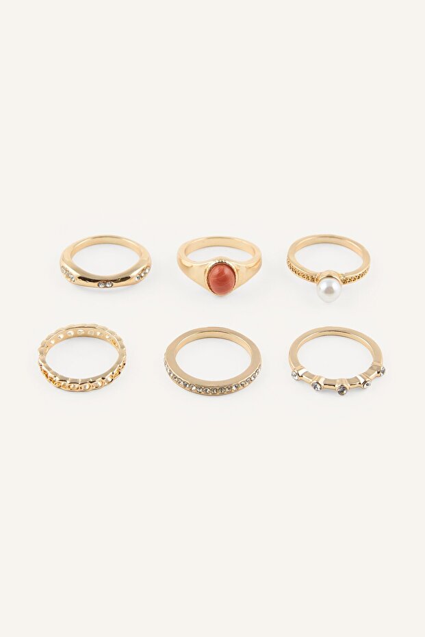Women's Stone and Pearl Detailed 6-Piece Ring Set I1352Axns