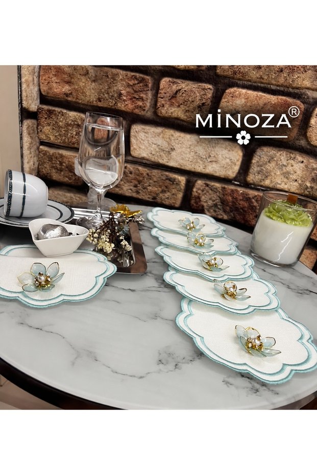 Double Row Embroidered Stain-Resistant Fabric Presentation Napkin with Lotus Flower Brooch, Cocktail Napkin, Coffee Napkin, Coaster 6 Pieces