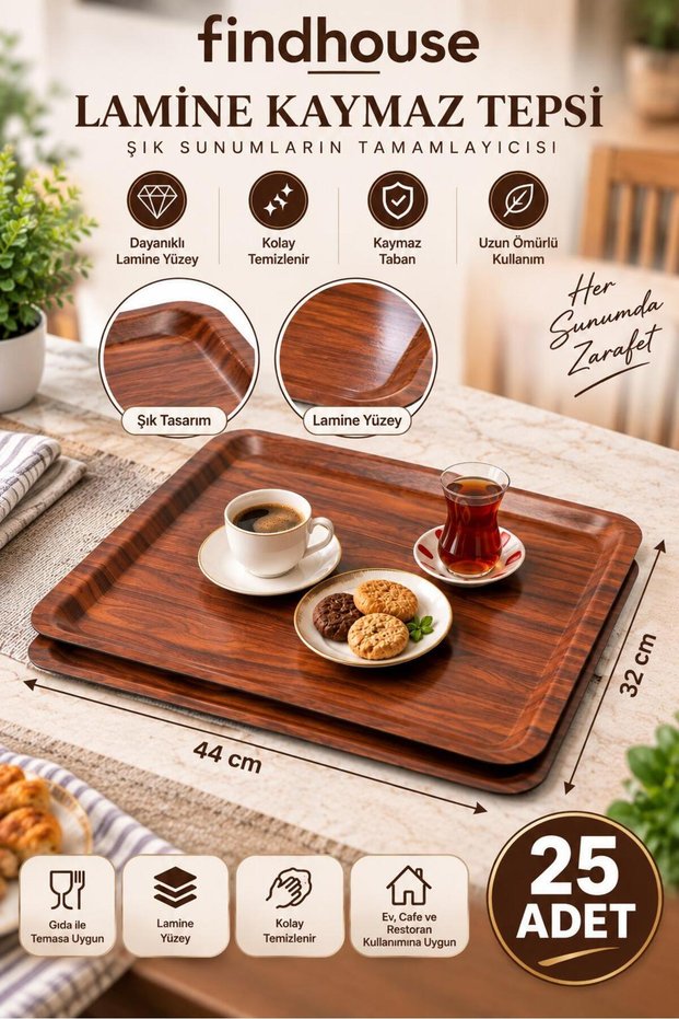 Laminated Non-Slip Base Serving Tray 25 Pcs 32X44 Workplace, Cafe, Restaurant, Hotel, Diner, Canteen