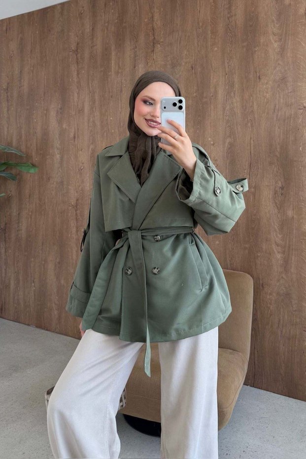 Styl Buttoned Half Trench Khaki