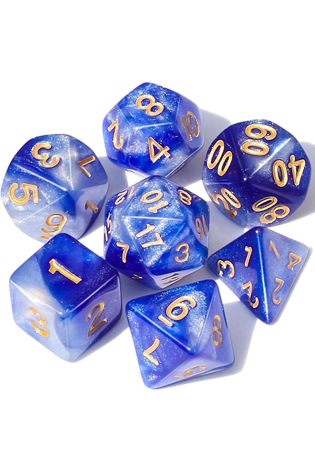 7-Piece Polyhedral Dice Set for RPG and Tabletop Games,Blue and Golden Glitter Resin Dices