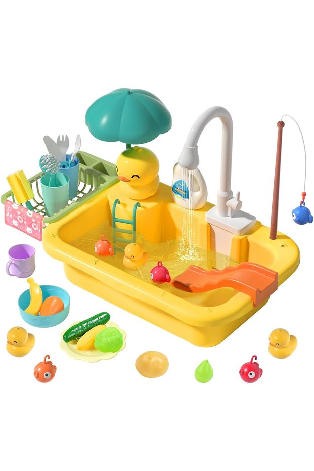 Kids Kitchen Sink Toy with Running Water and Fishing Game,Electric Dishwasher Playset with Floating Toys and Utensils