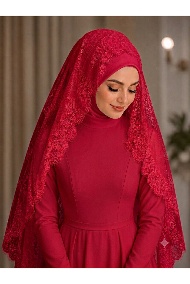 شال دانتيل فرنسي أحمر بطول 150 سم وعرض 72 سم