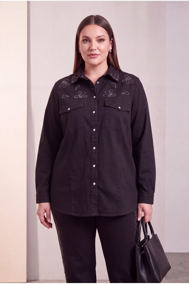 Stone Detailed Plus Size Cotton Shirt Black