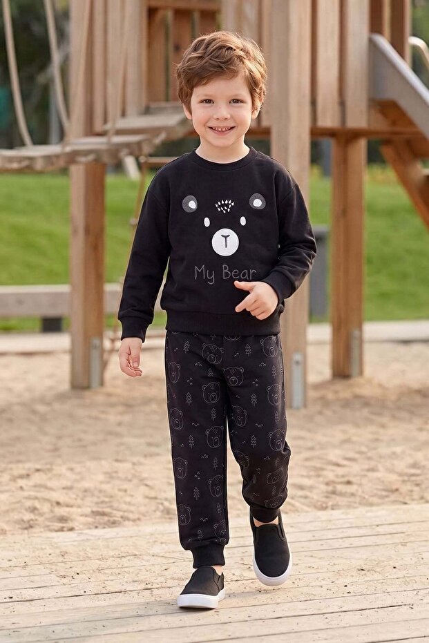 Teddy Bear Embroidered Crew Neck Boys' 2-Piece Set