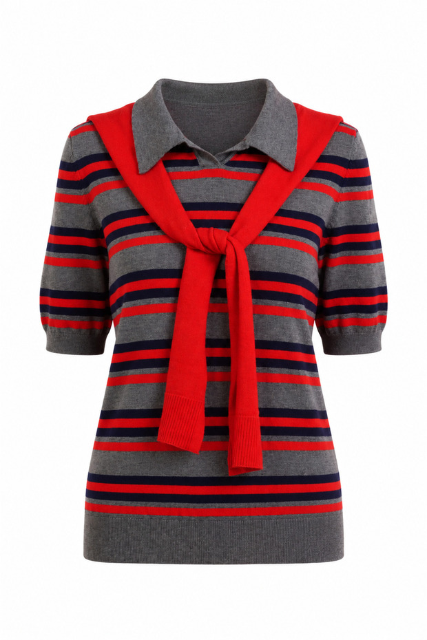Red Scarf Striped Gray Polo Collar Knitwear