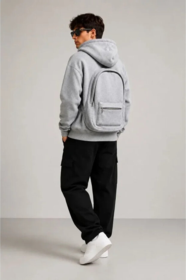 Men's 3 Thread Yarn Hooded Sweatshirt with Full Zipper and Back Pocket Detail - Gray