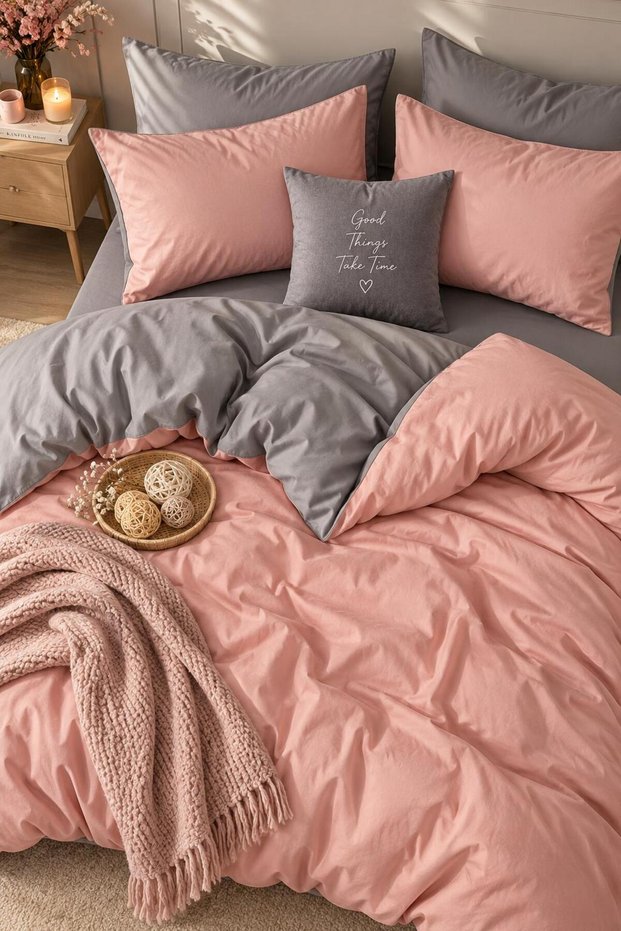 Double Elastic Sheet Duvet Cover Set Cotton Salmon-Grey