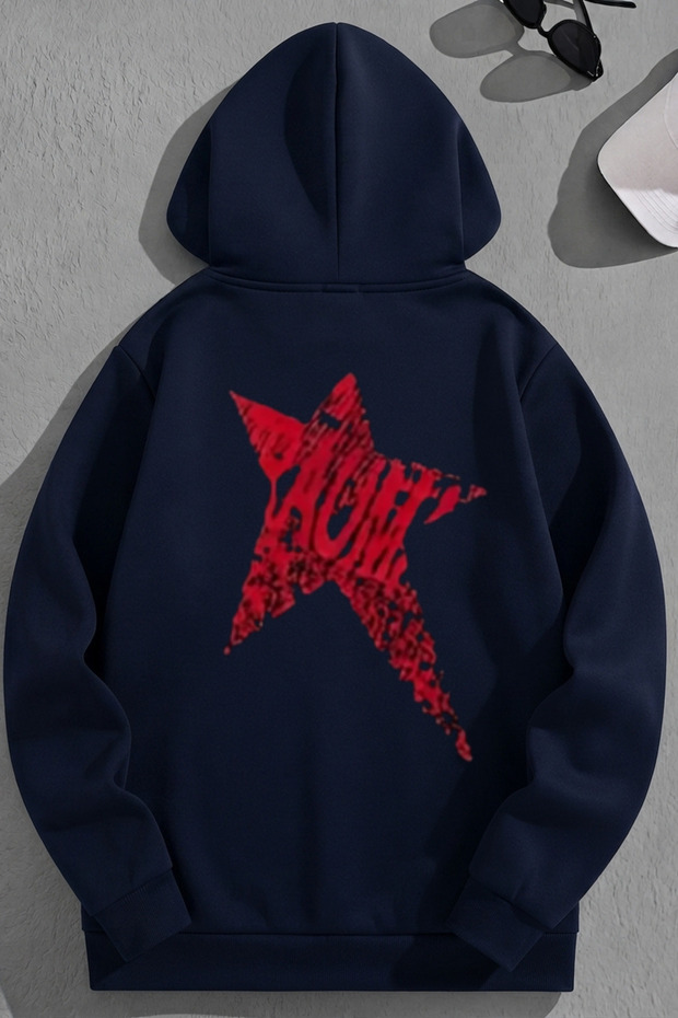 Unisex 3 Thread Cotton Navy Blue Redstar Print Loose Fit Sweatshirt Hoodie