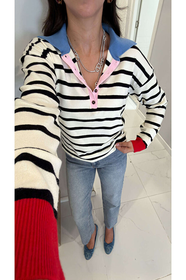 Hanse Cream Striped Polo Neck Knitwear