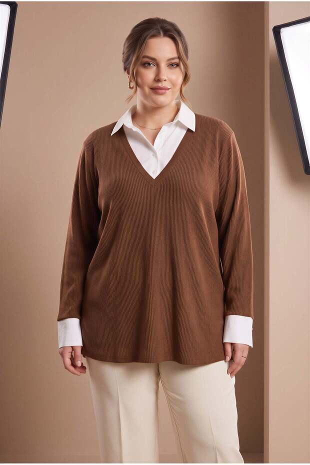 Shirt Collar Trimmed Plus Size Blouse Brown