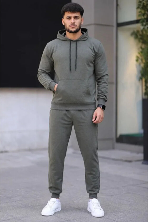 Men's Two Thread Hooded Kangaroo Pocket Sweatshirt Jogger Pants Bottom Top Tracksuit Set - Khaki