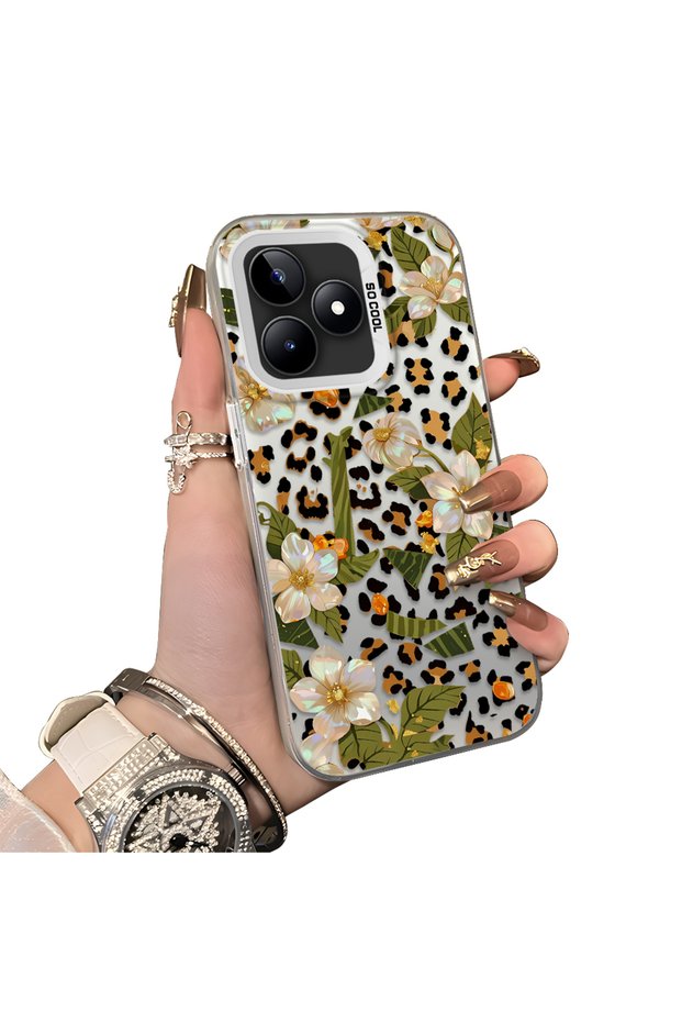 Realme Note 50 Compatible Aesthetic Floral-Leopard Pattern Case Acrylic Hard Back Silicone Edge
