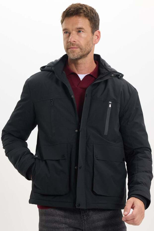 Men's Relax Fit Comfortable Cut Stand Collar Multi-Pocket Removable Hood Zippered Winter Black Coat