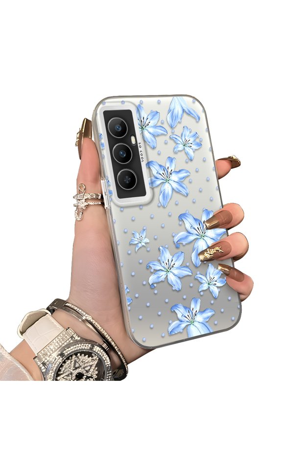 Realme C65 4g Compatible Acrylic Hard Back Panel with Silicone Edges Blue Flower Printed Phone Case