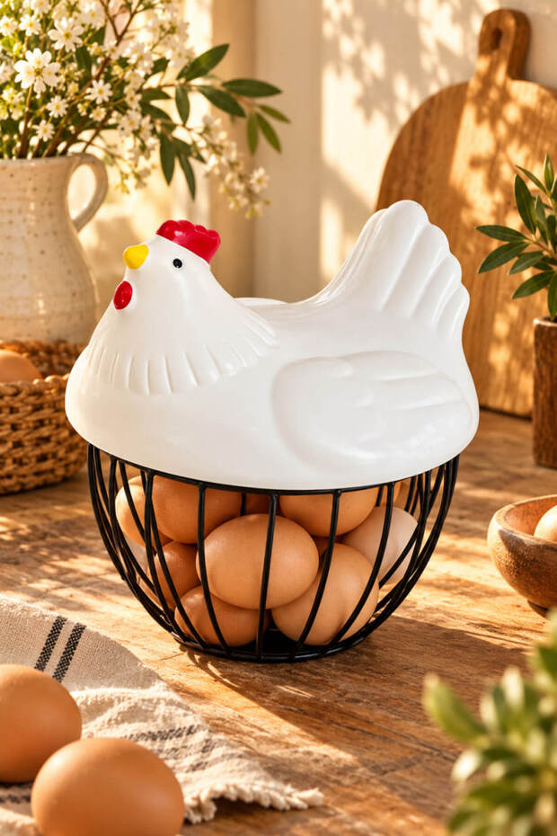 Decorative Chicken Figured Metal Egg Bowl with Ceramic Lid, Fruit Basket, Storage Container