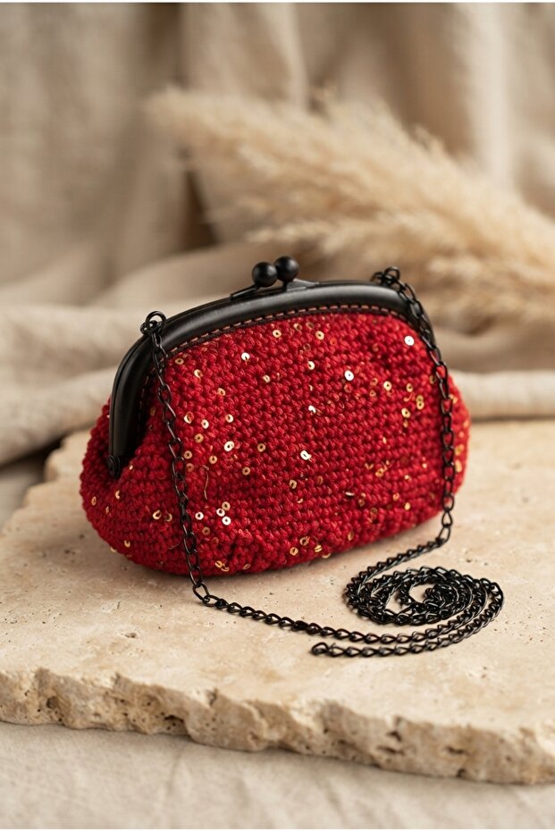 Crochet Knitted Red Small Sequin Bag