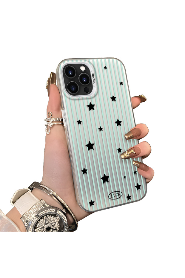 iPhone 14 Pro Max Compatible Edge Striped Black Star Pattern Protective Case Acrylic Hard Back Silicone Edge