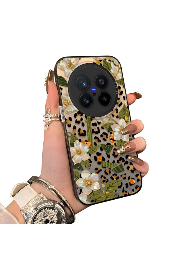 Vivo X200 Pro Compatible Aesthetic Floral-Leopard Pattern Case Acrylic Hard Back Silicone Edge