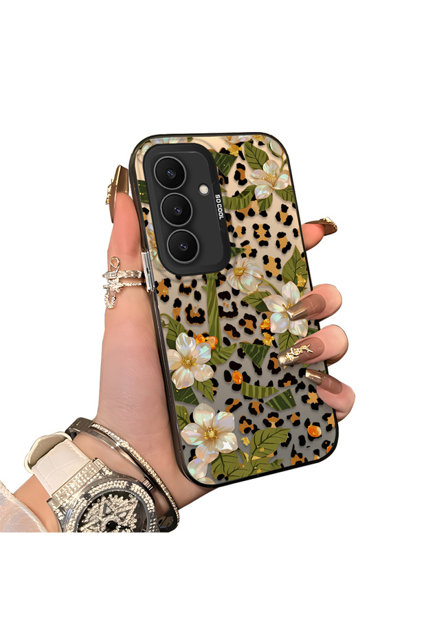 Samsung Galaxy S25 Fe Compatible Aesthetic Floral-Leopard Pattern Case Acrylic Hard Back Silicone Edge
