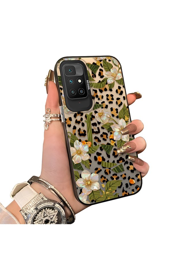 Xiaomi Redmi 10 4g Compatible Aesthetic Flower-Leopard Pattern Case Acrylic Hard Back Silicone Edge