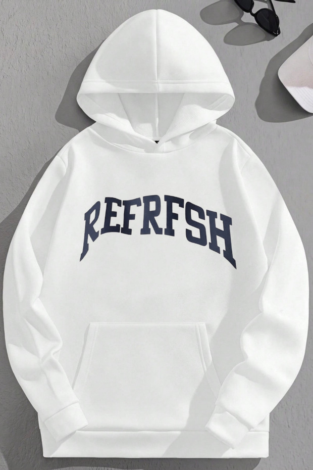 Unisex 3 Thread Cotton White Refresh Print Loose Fit Sweatshirt Hoodie