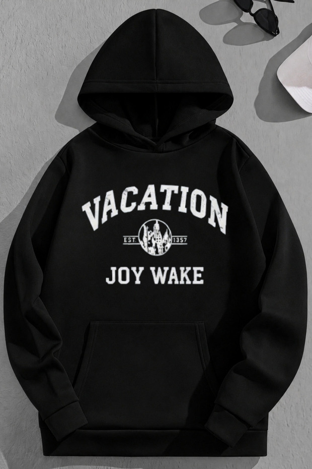 Unisex 3 Thread Cotton Black Vacation Print Loose Fit Sweatshirt Hoodie