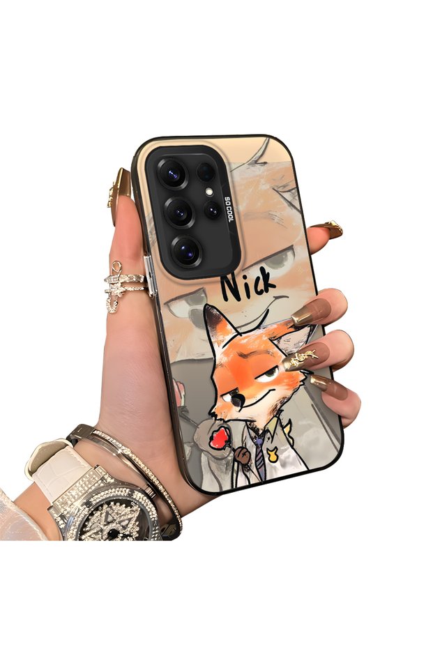 Samsung Galaxy S25 Ultra Compatible Cartoon Fox Nick Patterned Case Acrylic Hard Back Silicone Edge