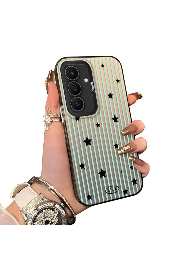 Samsung Galaxy S25 Fe Compatible Edge Striped Black Star Pattern Protective Case Acrylic Hard Back Silicone Edge