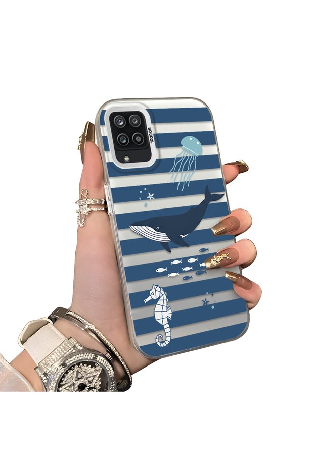 Samsung Galaxy A12/M12 Compatible Sea Creatures Whale Horse Seahorse Patterned Case Acrylic Back Cover Silicone Edge