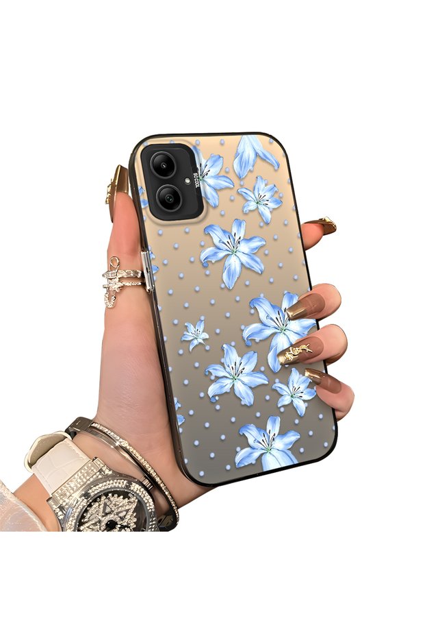 Samsung Galaxy A05 Compatible Acrylic Hard Back Panel Silicone Edged Blue Flower Printed Phone Case