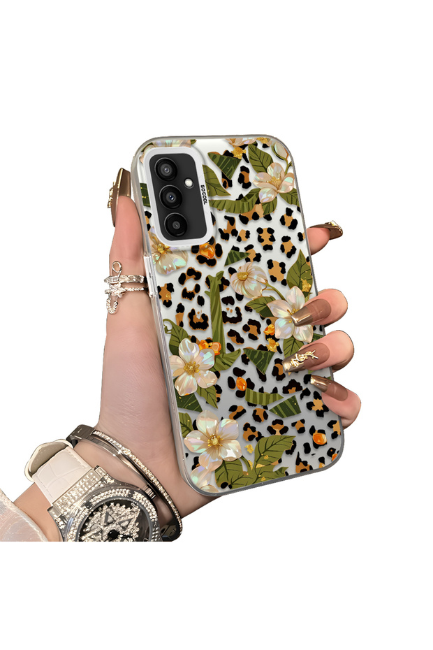 Samsung Galaxy M23/M13 Compatible Aesthetic Floral-Leopard Pattern Case Acrylic Hard Back Silicone Edge