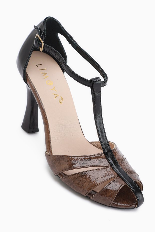 Mian Genuine Leather Women's Heeled Shoes with Gold Belt Detail and Buckle