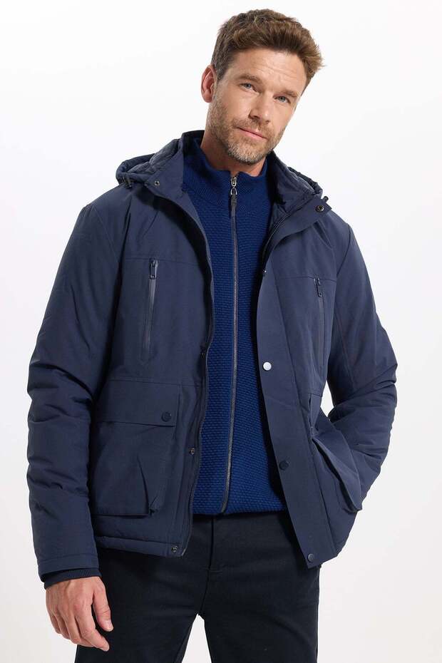 Men's Relax Fit Comfortable Cut Stand Collar Pocket Detachable Hood Zippered Winter Navy Blue Coat