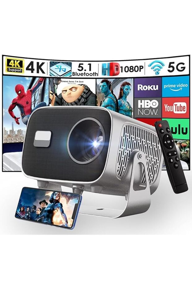 جهاز عرض محمول بدقة 4K مع واي فاي 6 وبلوتوث، يدعم نظام أندرويد 11، وشاشة عرض 200 بوصة، جهاز عرض ذكي O