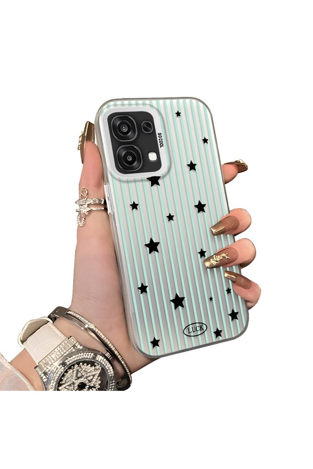 Oppo A6 Pro 4G/5G Compatible Edge Striped Black Star Pattern Protective Case Acrylic Hard Back Silicon Edge