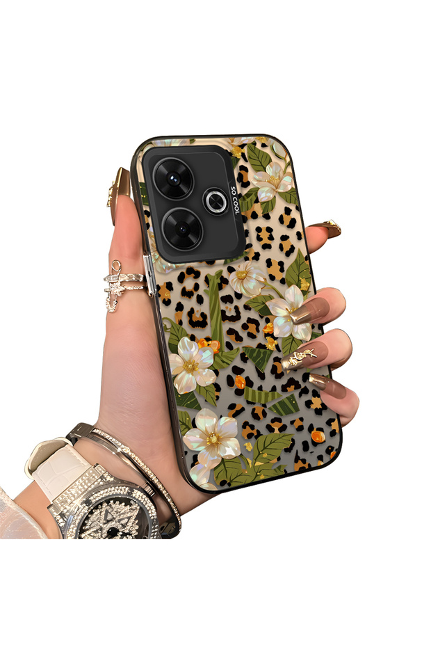 Xiaomi Poco M6 4g Compatible Aesthetic Floral-Leopard Pattern Case Acrylic Hard Back Silicone Edge