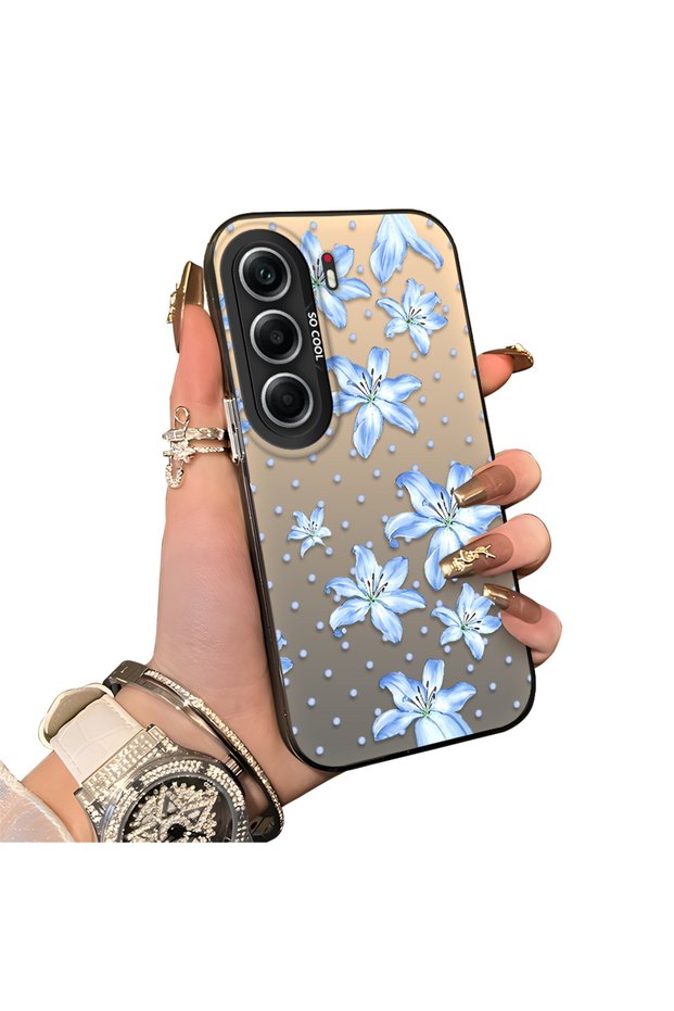 Blue Flower Printed Phone Case for Tecno Camon 40(Cm5) Compatible Acrylic Hard Back Panel with Silicone Edges