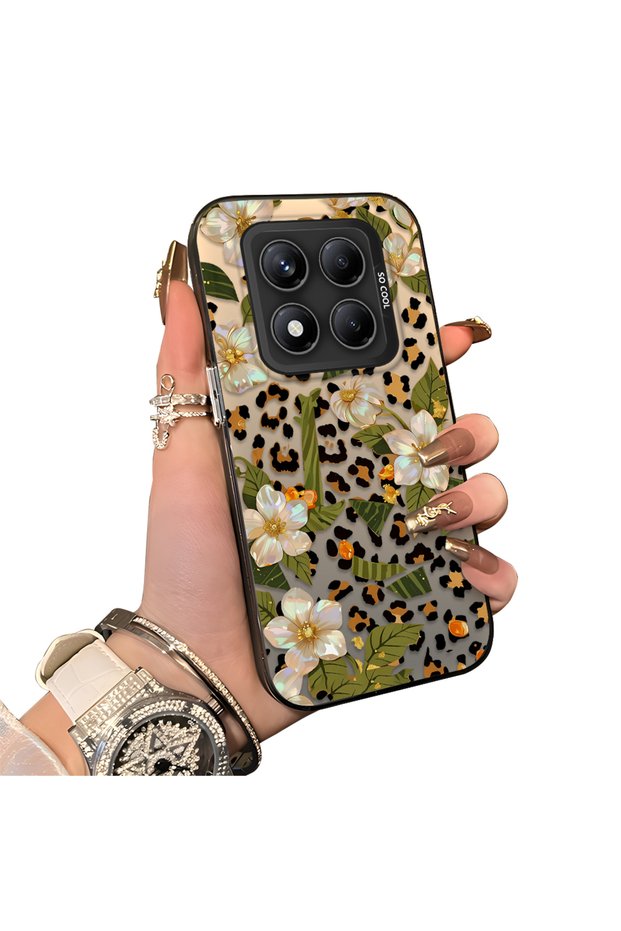 Xiaomi Redmi Note 14 Pro 4G/5G Compatible Aesthetic Floral-Leopard Pattern Case Acrylic Hard Back Silicone Edge
