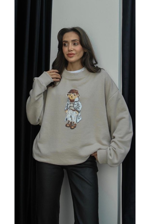 Beige Coat Teddy Printed Sweatshirt