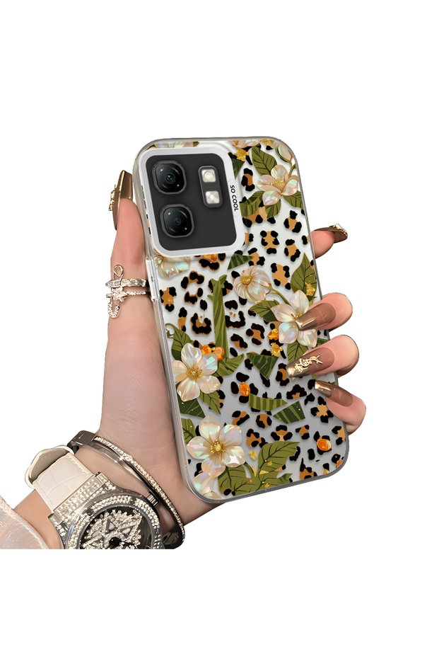 Infinix Hot 50I Compatible Aesthetic Floral-Leopard Pattern Case Acrylic Hard Back Silicone Edge